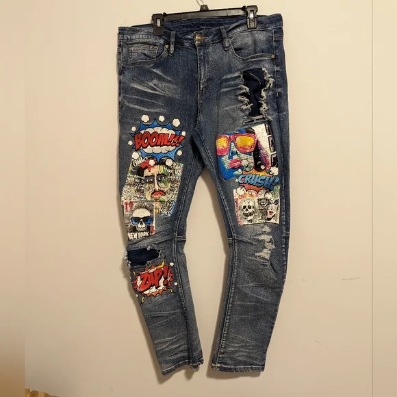 Premiere Denim Skinny Arc Supreme Flex Jeans comic print medium wash siz… - Picture 2 of 9